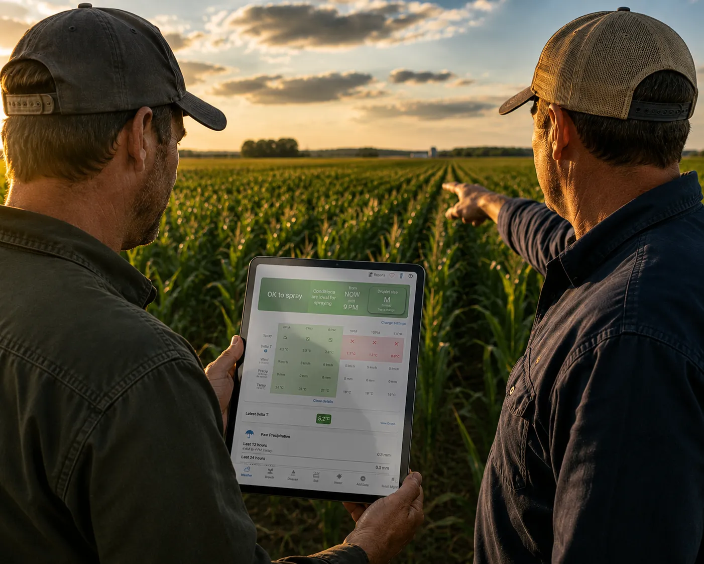 Farmer reviewing spray-window planning on a tablet in the field