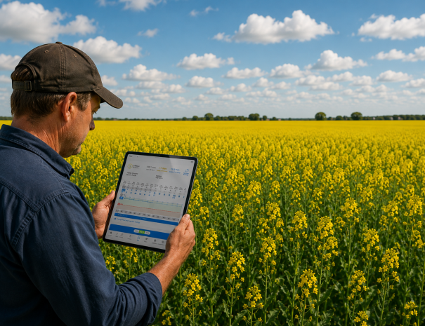 Farmer in a canola field, viewing an iPad with soil moisture readings